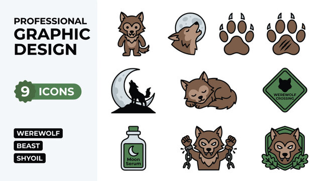 Collection Of Pixel Art Icons Depicting Werewolves And Related Symbols