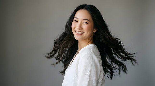 Happy Asian woman smiling in profile with moving hair on gray background