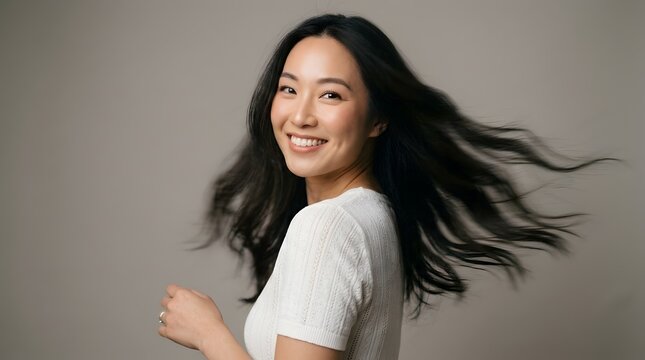 Happy Asian woman smiling in profile with moving hair on gray background