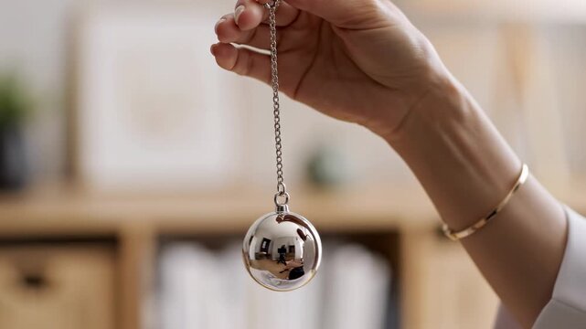A therapist holds a shiny metal pendulum on a silver chain to guide a patient into a deep meditative state for emotional healing or mental focus during an intense psychological wellness session