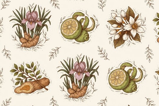 Botanical seamless pattern with hand-drawn of iris flowers, ginger roots, citrus fruits, and white blossoms on cream background