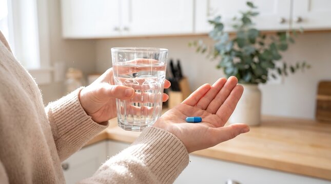 A person holds a blue pill and a glass of water, ready to take medication in a kitchen setting.