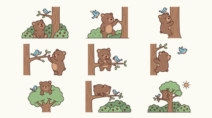 Cute Bear Cub Learning to Climb Trees with Bluebird Friends, Flat Vector Illustration Set, Nature Scenes with Berries and Sunlight © Leandri