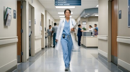 Fototapeta premium Doctor walking through modern hospital hallway with clipboard in hand.