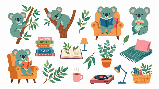 koalas relaxing in various settings.