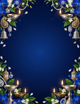 Diwali, Dussehra, Ganesh Chaturthi elegant blue floral invitation banner flyer background with diya lamps, decorative border, jasmine flowers, lanterns and copy space illustration