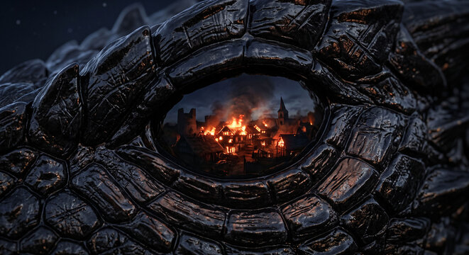 Macro close-up of a terrifying dragon's eye reflecting a burning medieval village