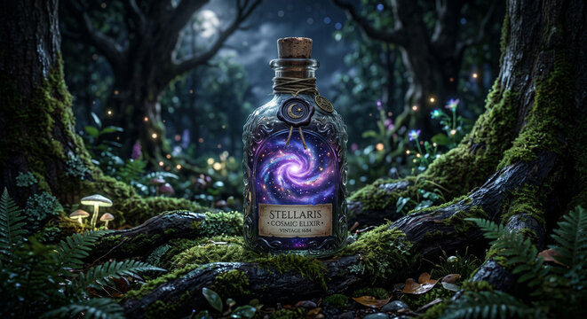Magical potion bottle containing a glowing galaxy in a dark enchanted forest