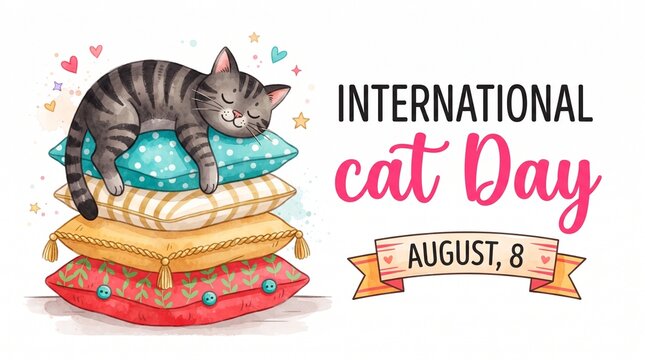 Postcard for the international cat day on August 8. Funny cartoon cat and little mouse are sleeping on a pile of colored pillow. Happy animals Print to greeting card, poster, flyer