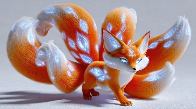 Magical Nine-Tailed Fox: An enchanting, mystical creature, a fox with nine flowing tails, adorned with glowing blue ethereal patterns resembling butterflies and flames.