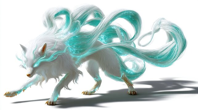 Mythical Nine-Tailed Fox: An ethereal white fox, depicted in an artistic style, possesses multiple flowing tails radiating with mystical energy, its eyes glowing with an inner light.