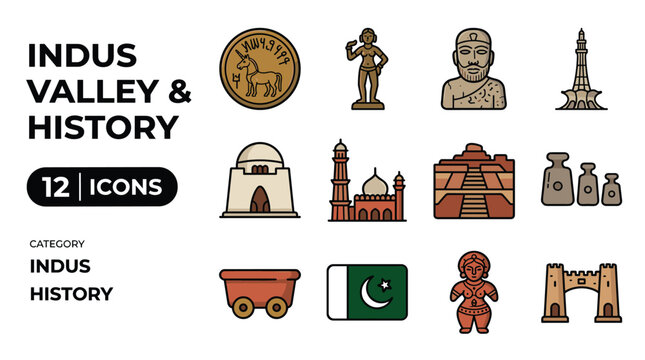Indus Valley Civilization History and Landmarks Icons Set