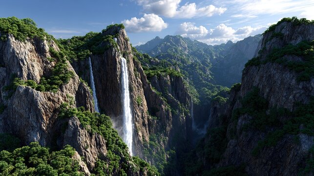 Majestic Waterfall in Lush Green Canyon: A spectacular waterfall cascades down rugged, moss-covered cliffs surrounded by vibrant green foliage and distant mist-shrouded mountains.