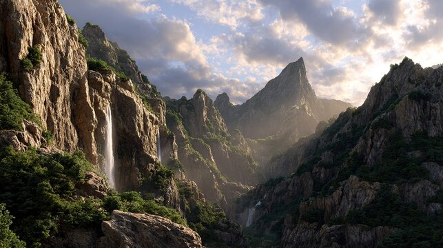 Majestic Waterfall in Mountain Valley: A breathtaking waterfall cascades down a rugged cliff face, surrounded by verdant greenery and dramatic mountain peaks, illuminated by the soft light of dawn.