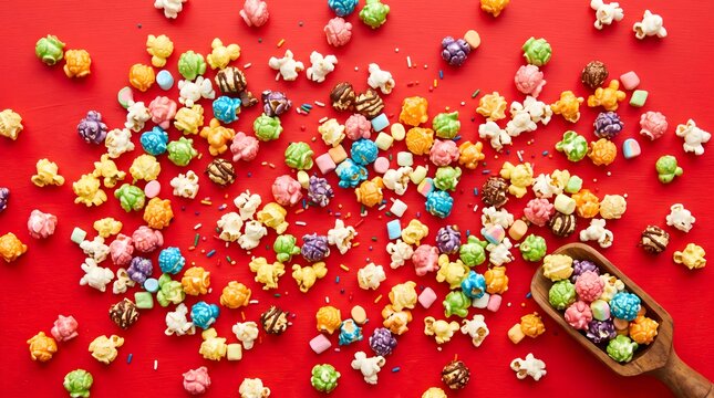 Colorful sweet popcorn and star shaped candies scattered on vibrant red background, food photography