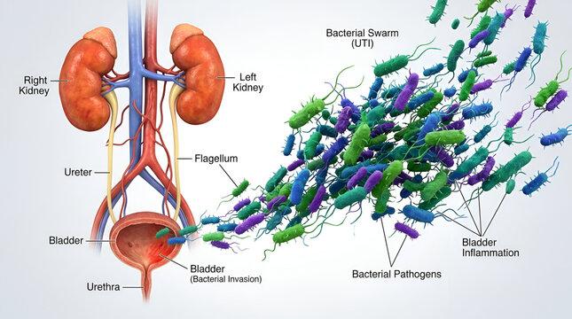 Urinary Tract Infection A detailed illustration depicting the human urinary system highlighting the kidneys ureters bladder and urethra