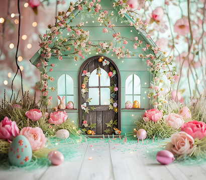 Easter spring green fairy house background with pastel flowers and eggs