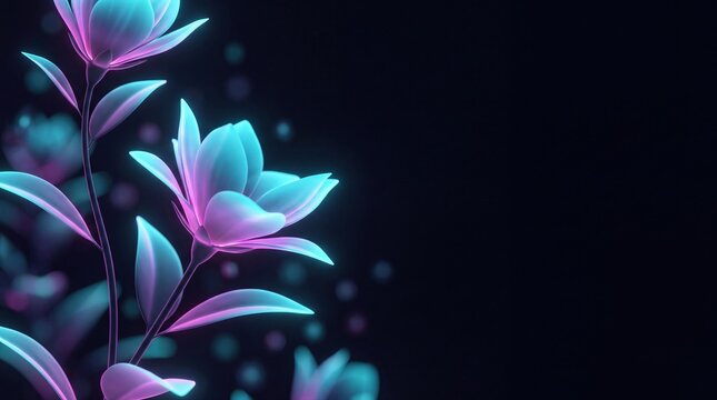 Luminous glowing flowers with bioluminescent purple and blue hues in dark mysterious background.