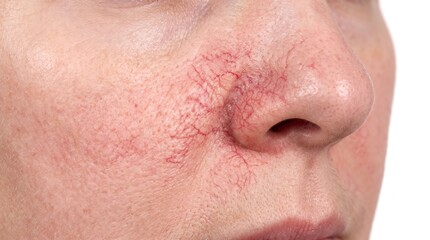 Fototapeta premium Facial telangiectasia showing visible red blood vessels and rosacea on nose and cheek