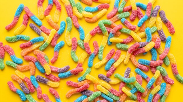 Colorful sour gummy worm candies scattered on a vibrant yellow background