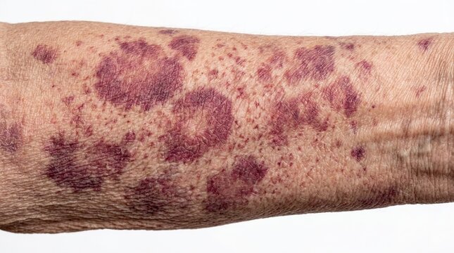 Senile purpura with purple bruises and blood spots on elderly arm skin
