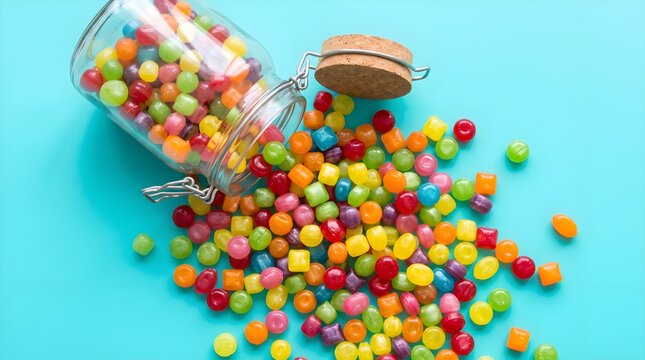 Colorful round candies spilling out of a glass jar with a cork lid on a blue background