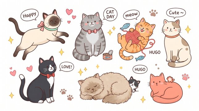 Cute cats and funny kitten doodle vector set. Happy international cat day characters design collection with flat color in different poses. Set of adorable pet animals isolated on white background.