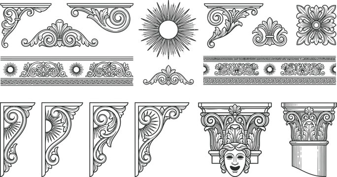 Classic Architectural Elements and Decorative Vintage Ornaments Vector Set