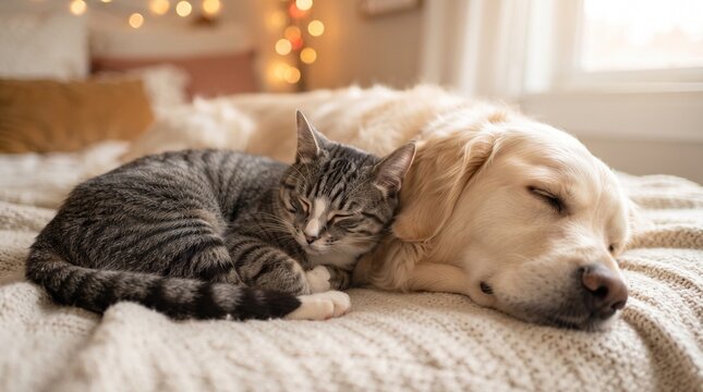 A heartwarming photograph of a cat and a dog peacefully cuddling together, symbolizing the potential for harmony between different animals on International Cat Day Generative AI