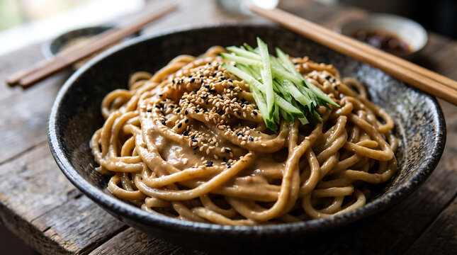  Asian Sesame Noodles Coated in Creamy Peanut Sesame Sauce Toped with Shredded Cucumber and Toasted Sesame Seeds