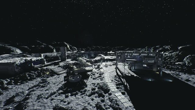 Moon industrial hub with landing bay, illuminated platform and parked transport vehicles beside modular hangars, heavy metal textures, maintenance alcoves