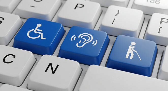 Computer keyboard keys featuring accessibility icons for disability and inclusion.