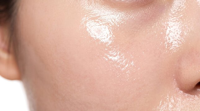 Macro close up of highly oily skin and excess sebum on female face