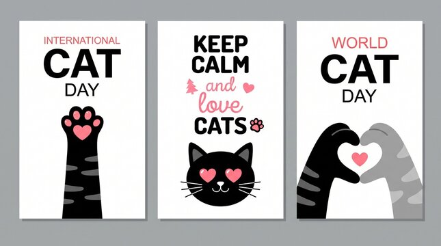 Postcards for the international cat day on August 8. Funny cartoon cat. Happy animals Print to greeting card, poster, flyer
