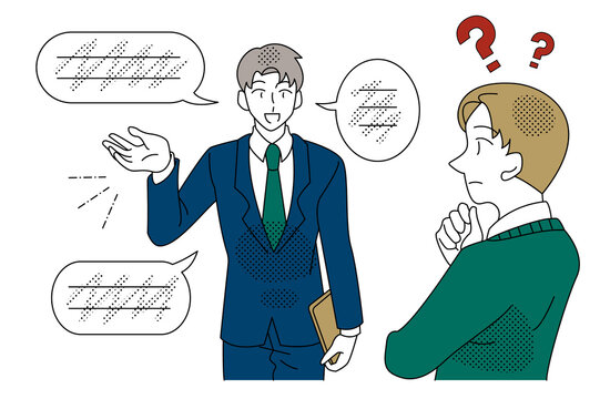 男性同僚間で言語の違いと説明不足により伝わらないコミュニケーション課題のビジネスイラスト