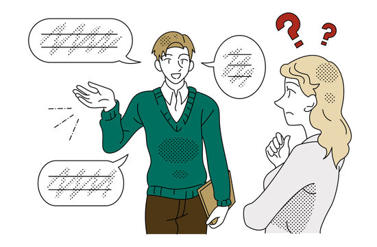 男女の同僚間で説明が伝わらないコミュニケーション不足による誤解のビジネスイラスト