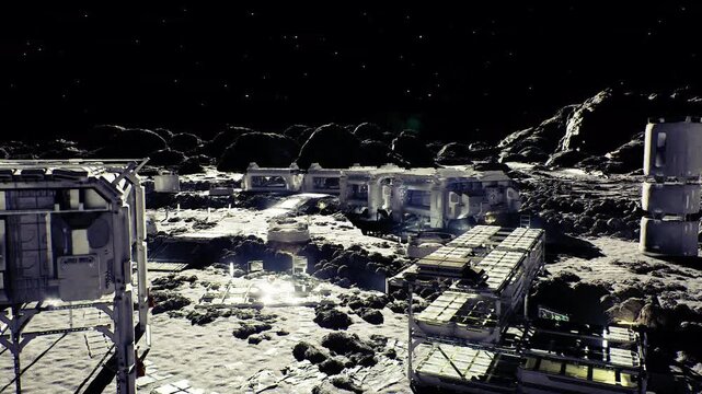 scientific research hub under starry sky, lab modules with antenna and sensor arrays, drills and rover collecting core samples from regolith, consoles