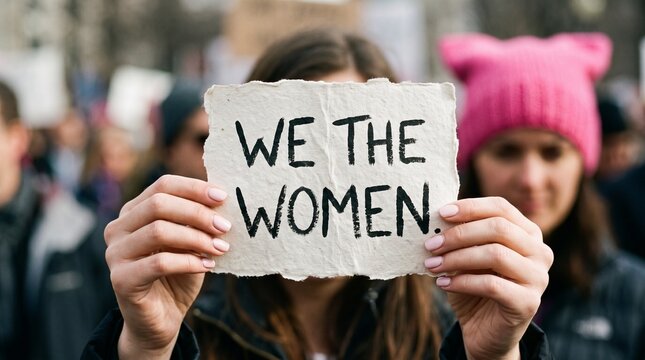 woman with a pussyhat and the text we the women
