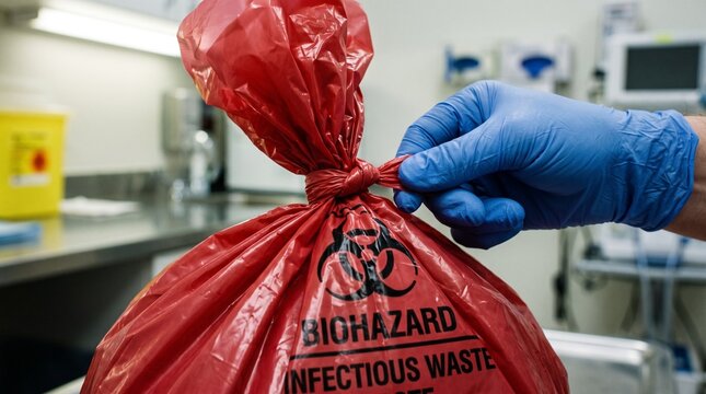 Gloved hand tying a red biohazard infectious waste bag in medical lab.