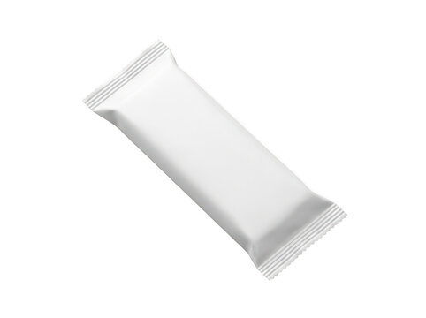 Blank white snack bar wrapper. Mockup of a protein bar or chocolate candy packaging.