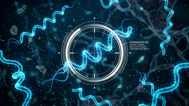 Microscopic Spirochetes A detailed visualization of spirochete bacteria with their distinctive spiral shape are seen under magnification glowing with a vibrant blue hue