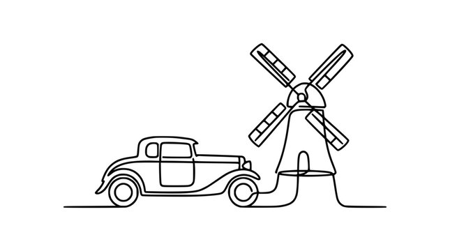 Vintage Car and Windmill Line Art, Retro Transportation and Dutch Landmark