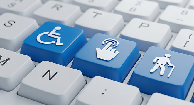 Computer keyboard with accessibility icons on blue keys representing disability, interaction, and senior citizens.
