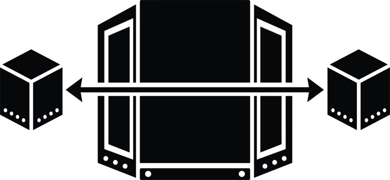 Central database hosting server rack icon connecting two isometric data storage cubes with bidirectional arrows,