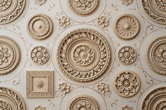 Close up of an ornate white ceiling with multiple circular rosettes, floral motifs, and a square greek key pattern decorative