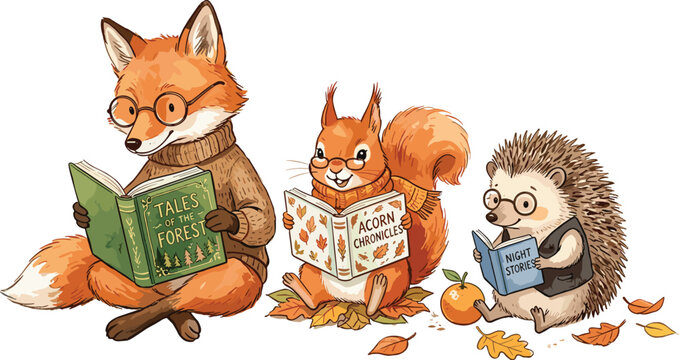 Cute Forest Animals Reading Books Vector Set with Fox Squirrel and Hedgehog in AutumnCute Forest Animals Reading Books Vector Set with Fox Squirrel and Hedgehog in Autumn