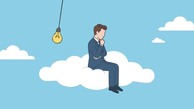 Businessman thinking on a cloud with light bulb idea loop animation. Creative business strategy and brainstorming concept with thoughtful man sitting on cloud near glowing lamp vector illustration. 