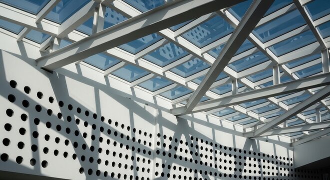 Modern architectural skylight with steel structure and perforated wall. Represents design, construction, and geometric.