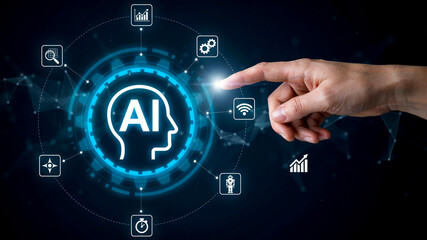 Obraz premium Human Hand Interacting with Artificial Intelligence Digital Interface and Futuristic Technology Concept