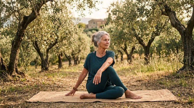 senior woman practicing yoga outdoors